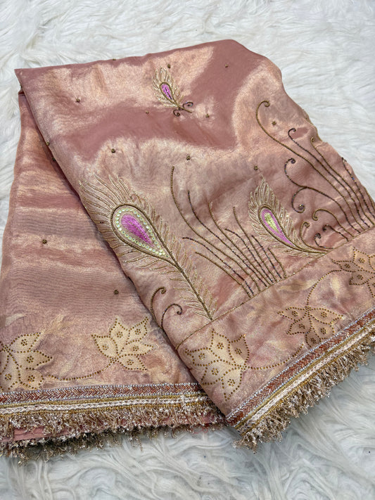 Peach shade tissue ari & zardosi work designer premium Banarasi saree