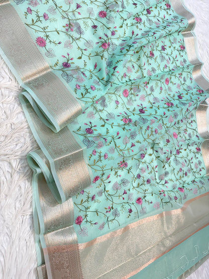 Turquoise shade organza embroidery Banarasi saree