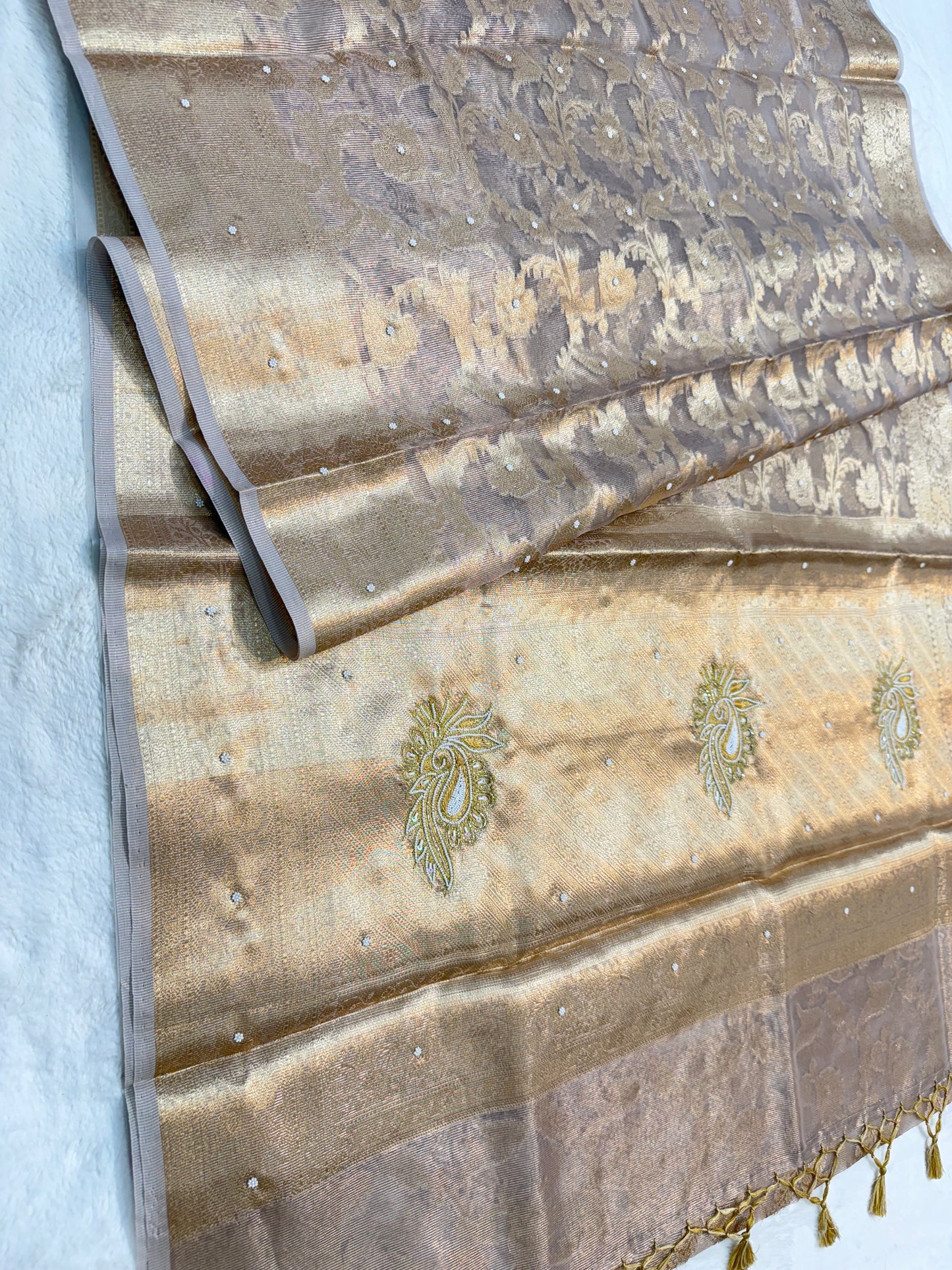 Silver shade tissue kota designer handwork premium Banarasi saree