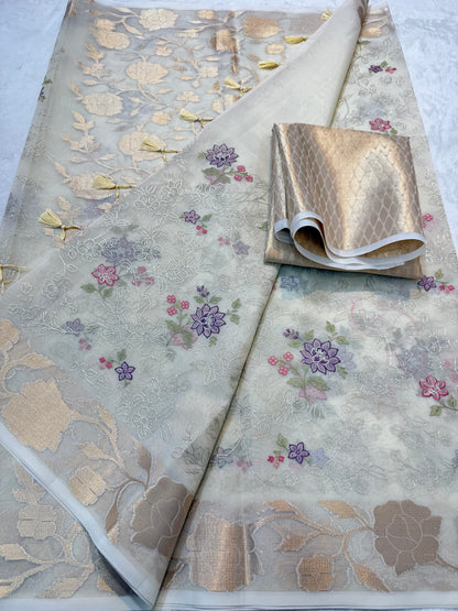 Off white shade organza designer  embroidery premium Banarasi saree