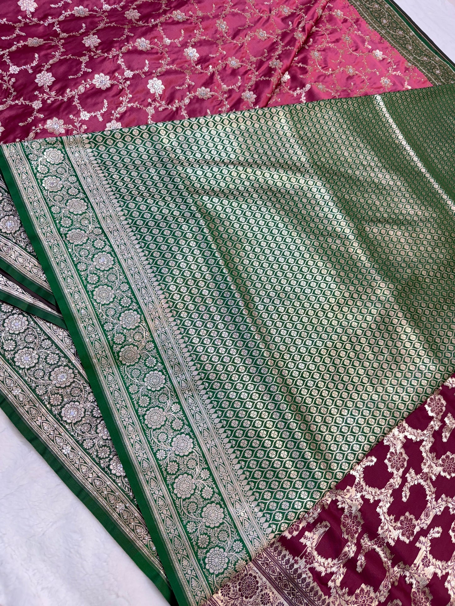 Royal pink & bottle green shade Bridal Satan katan ari & stone work Banarasi silk Saree