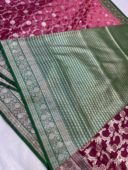 Royal pink & bottle green shade Bridal Satan katan ari & stone work Banarasi silk Saree
