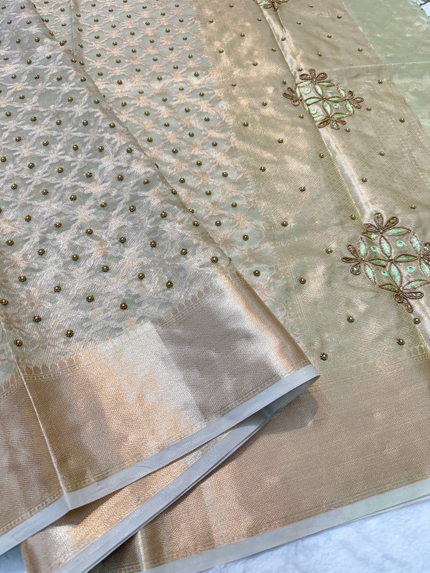 Pista green tissue kota designer handwork premium Banarasi saree