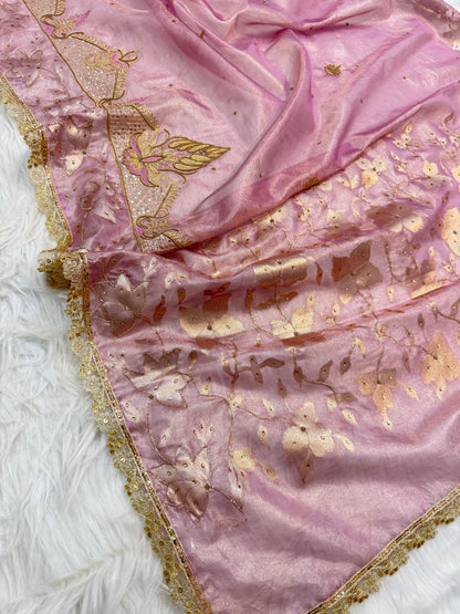 Pink shade tissue ari & zardosi work designer premium Banarasi saree