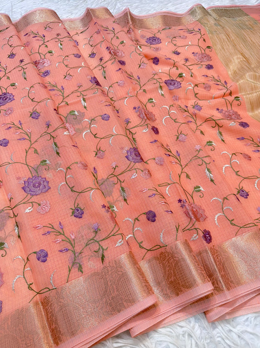 Peach shade kota  embroidery Banarasi saree