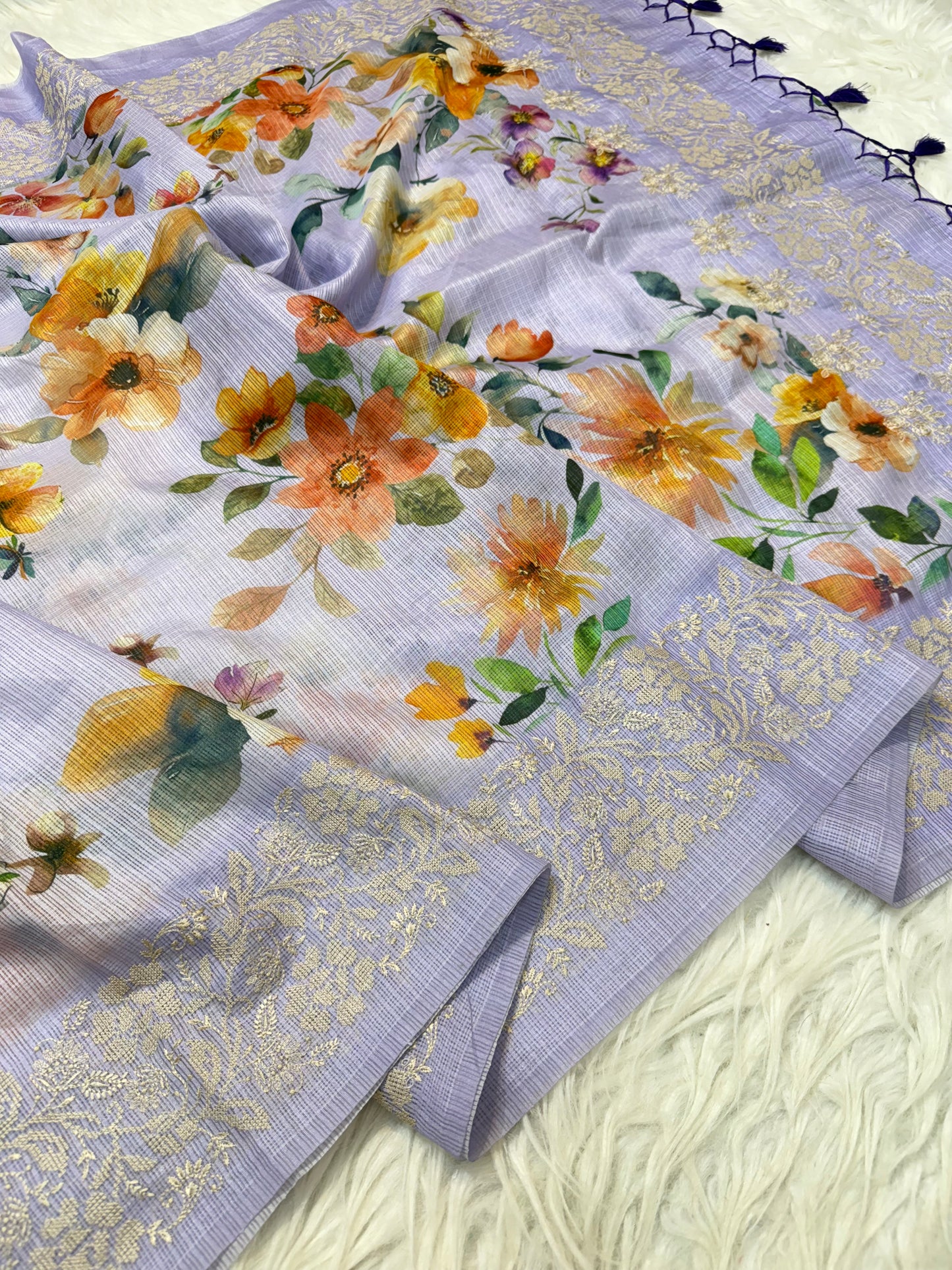 Lavender & multicolour kota digital print embroidery Banarasi saree