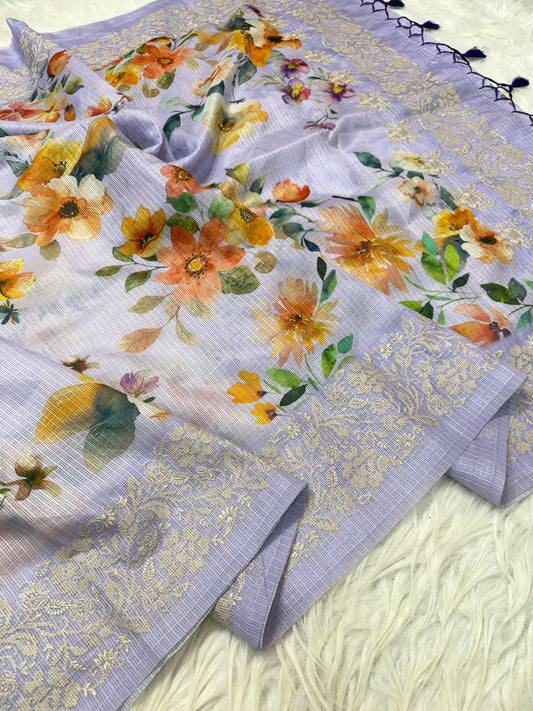 Lavender & multicolour kota digital print embroidery Banarasi saree