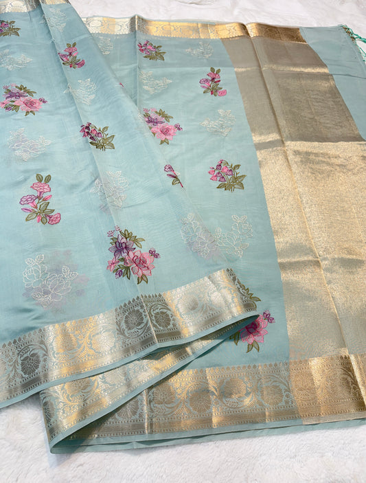 Firozi shade soft silk designer  premium embroidery Banarasi saree