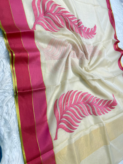 Off White maharani royal pink shade tissue kota appliqué work Banarasi saree