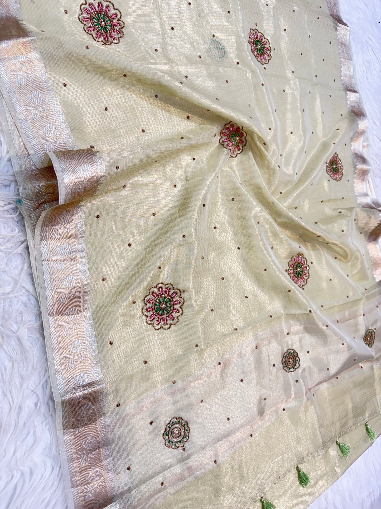 Pista green shade tissue kota designer handwork premium Banarasi saree