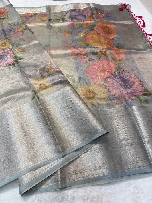 multicolour tissue silk digital print handwork premium Banarasi saree