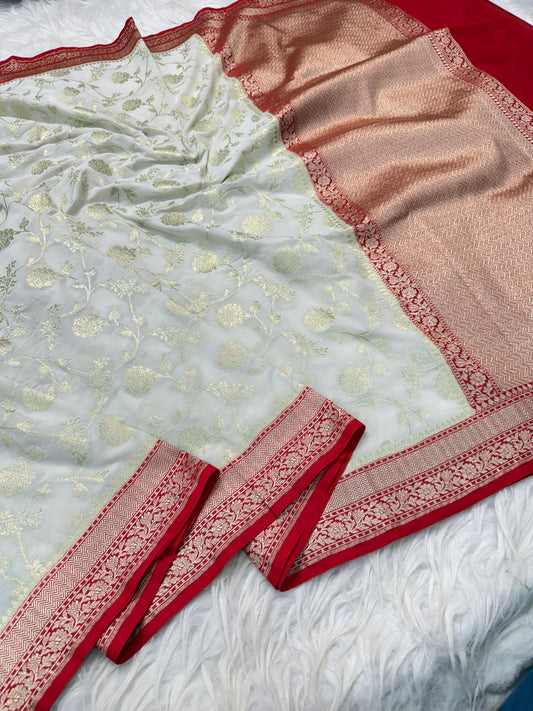 Off white red shade khaddi georgatte premium Banarasi saree