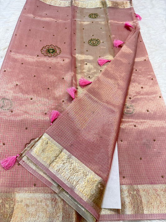 Pink shade tissue kota designer handwork premium Banarasi saree