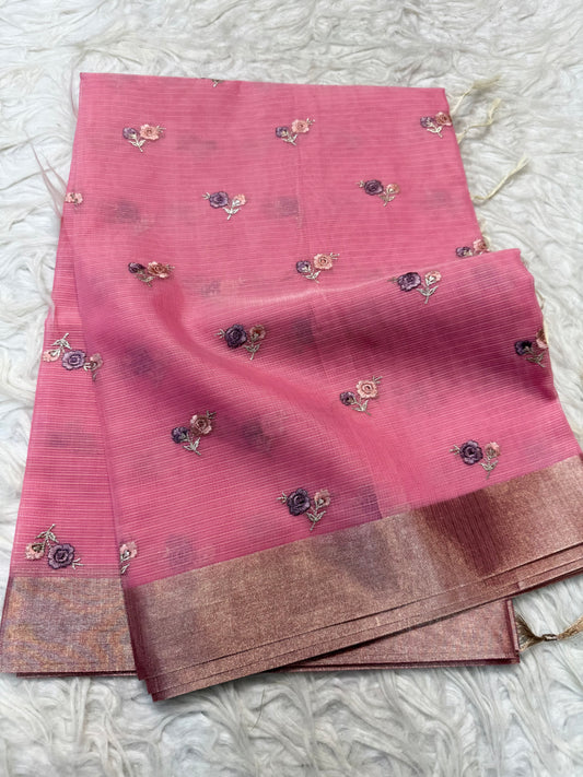 Pink shade cotton kota embroidery Banarasi saree