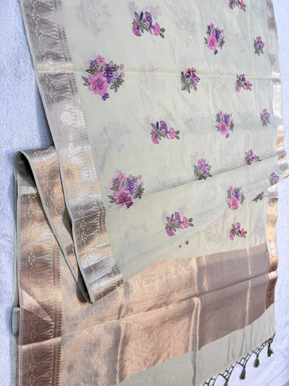 Pista green shade soft silk designer  premium embroidery Banarasi saree