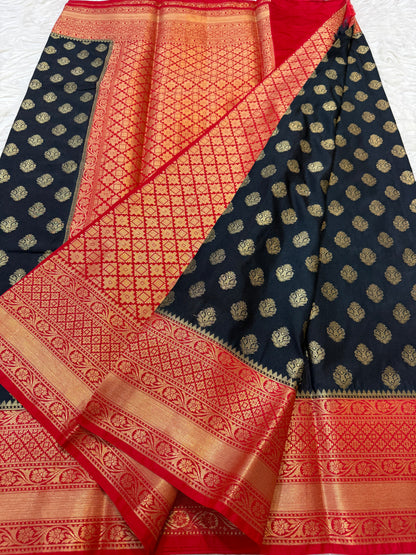 Black red shade Dupion Silk Banarasi Saree 