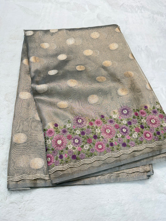 Gray shade tissue cutwork embroidery premium designer Banarasi saree