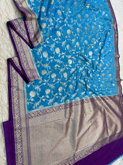 Powder blue magenta shade khaddi georgatte premium Banarasi saree