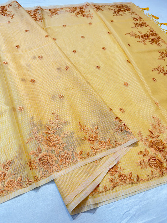 Mango shade kota designer embroidery premium Banarasi saree