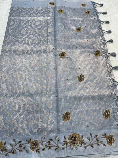 Powder blue shade tissue kota zardosi work Banarasi saree