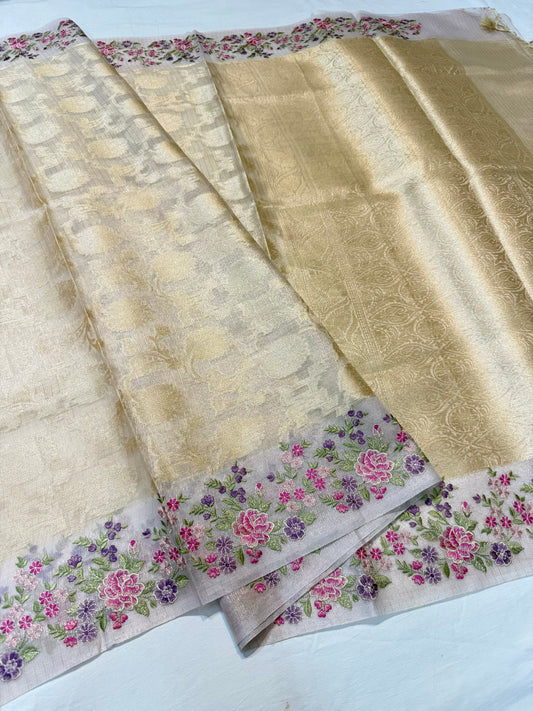 Off white shade tissue kota embroidery Banarasi saree