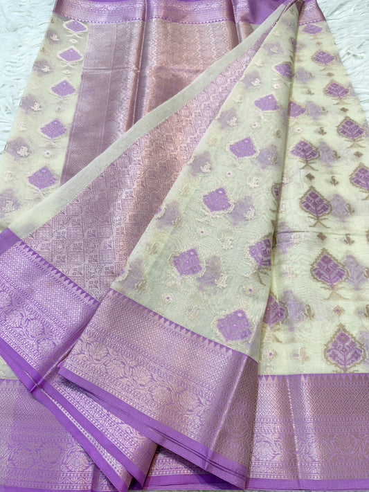Off white & purple shade cotton premium Banarasi saree