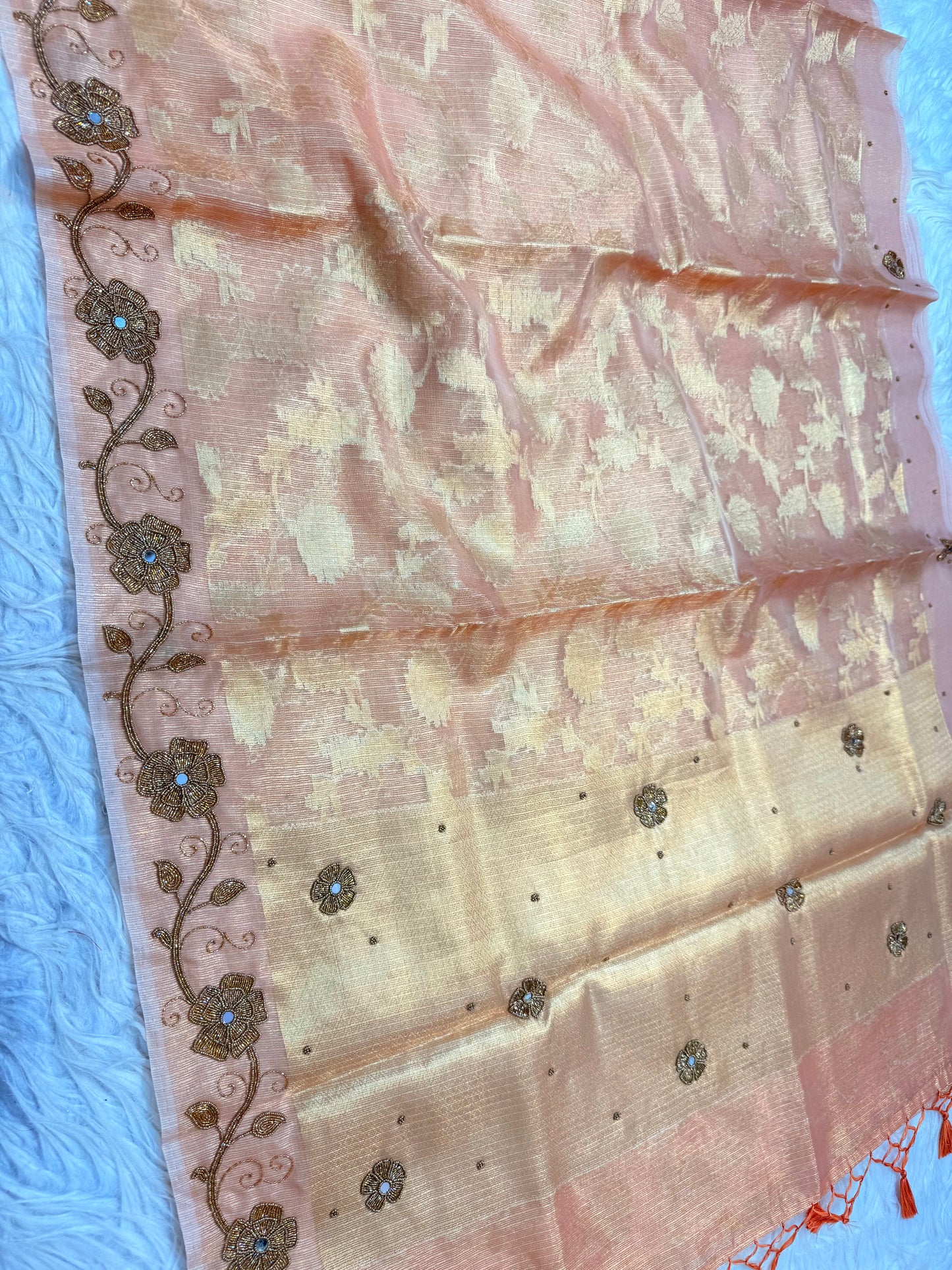 Peach shade tissue kota designer handwork premium Banarasi saree