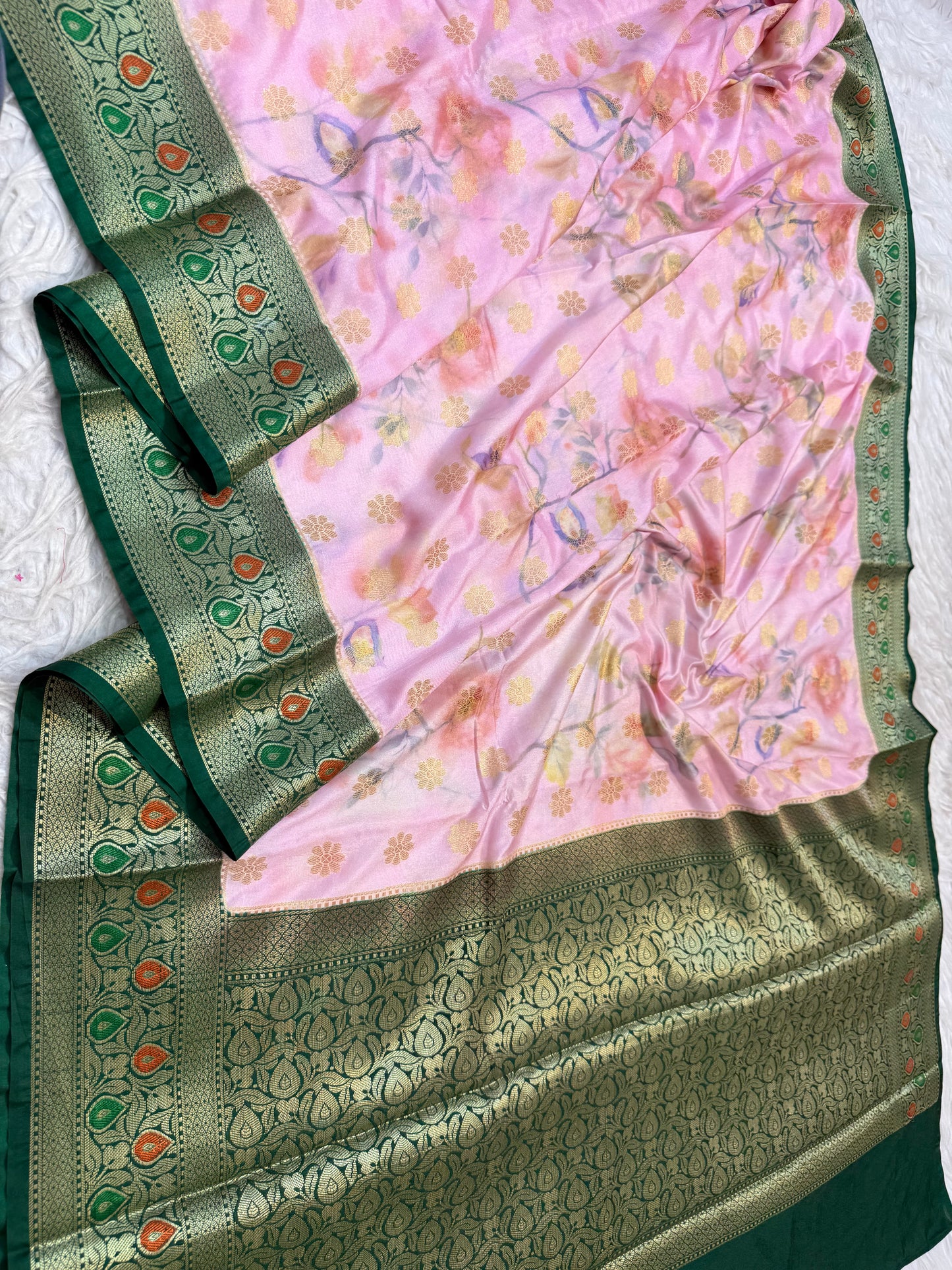 Pink bottle green & multicolour Dupion silk digital print Banarasi saree