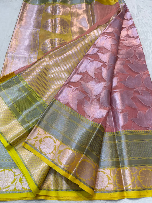 Peach shade kora organza Banarasi saree