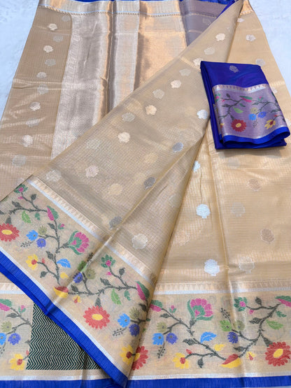 Gold & multicolour shade tissue kota premium paithani border designer banarasi saree