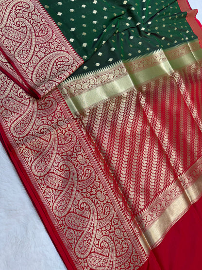 Bottle green red shade katan Banarasi silk Saree