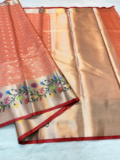 Orang & multicolour shade tissue kota premium paithani border designer banarasi saree