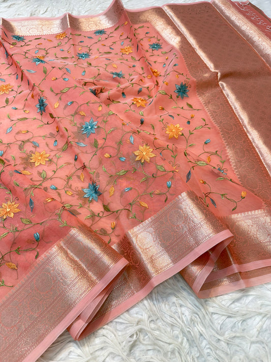 Peach shade kora organza  embroidery Banarasi saree