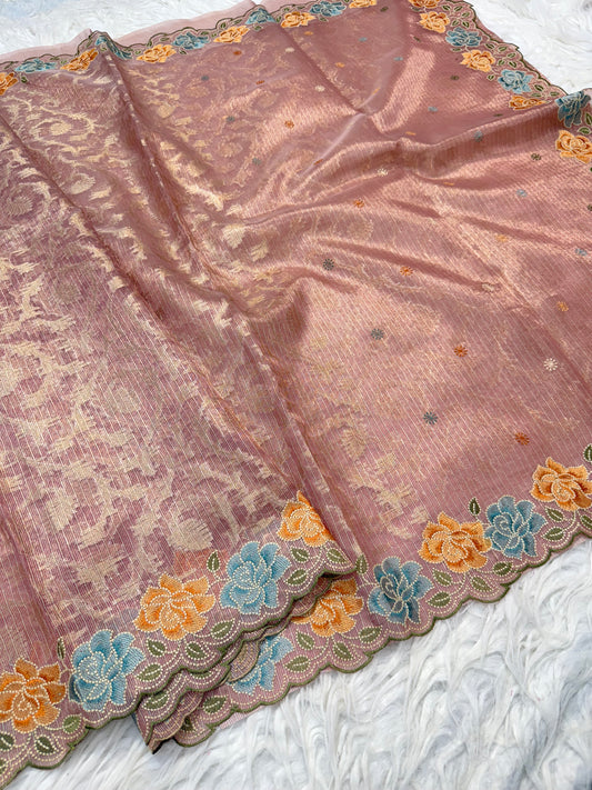 Pink shade tissue kota embroidery primum Banarasi saree