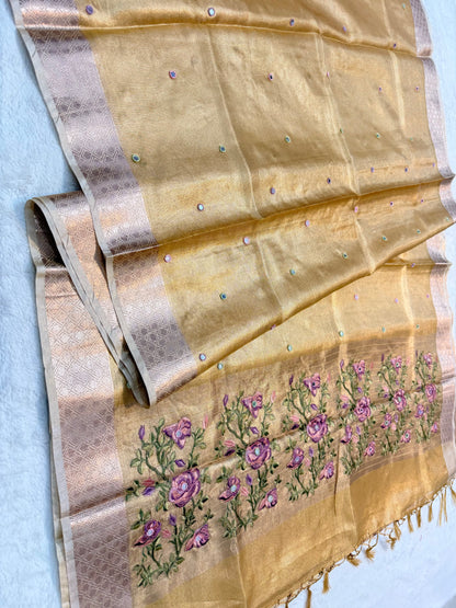 Gold kota tissue kota designer embroidery handwork premium Banarasi saree
