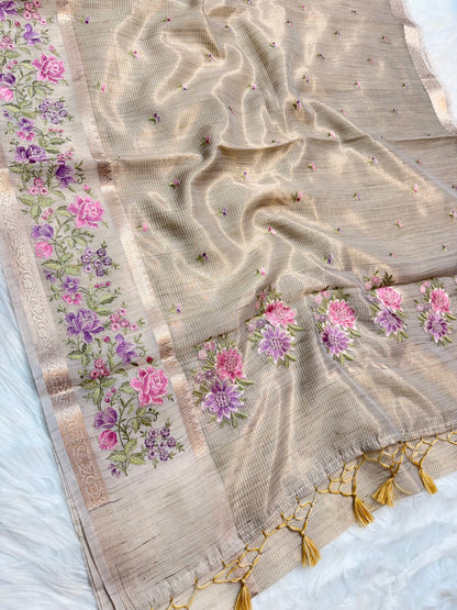Beige shade tissue linen designer embroidery premium Banarasi saree