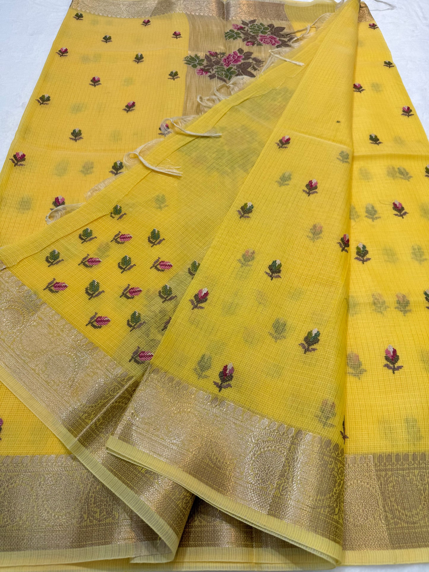 Yellow shade cotton kota embroidery Banarasi saree