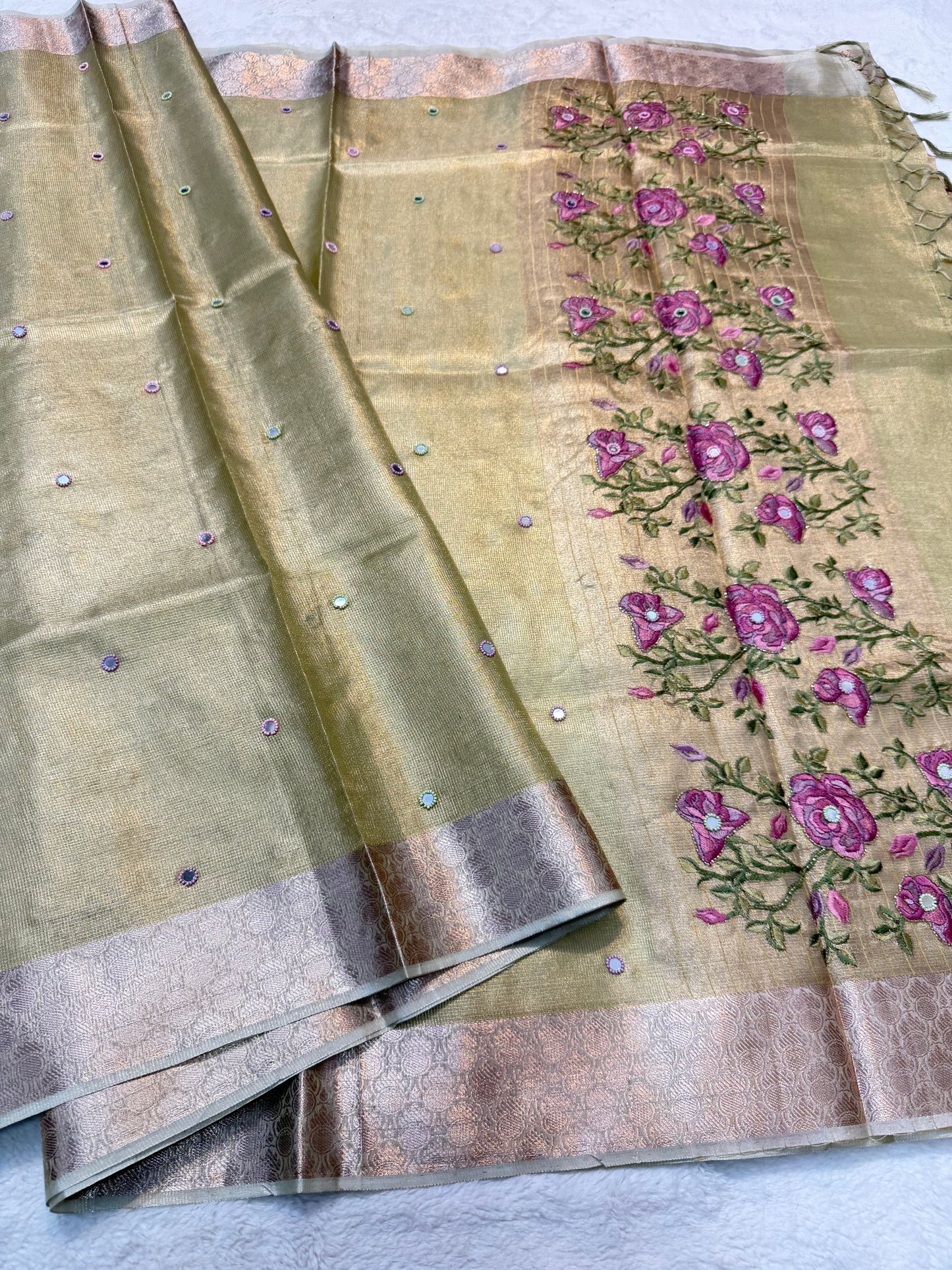 Pista green kota tissue kota designer embroidery handwork premium Banarasi saree