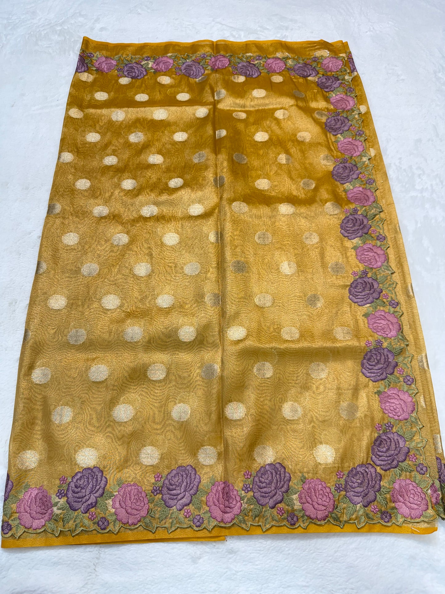 Gold shade tissue cutwork embroidery premium designer Banarasi saree