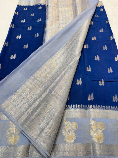 Royal blue & gray shade raw mango Banarasi premium Banarasi saree