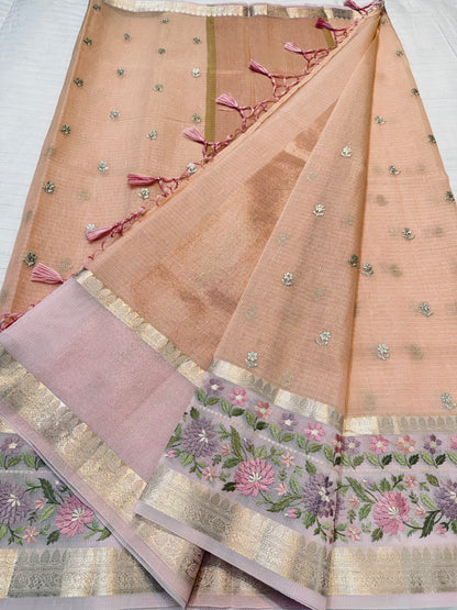 Pink shade cotton kota chickenkari embroidery Banarasi saree