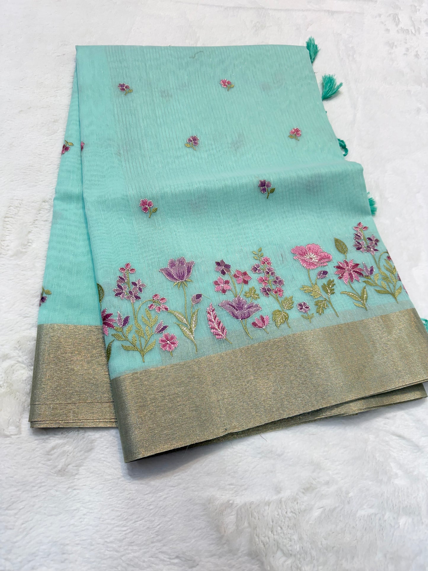 Turquoise shade linen embroidery premium Banarasi saree