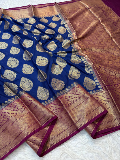Nevy & maroon shade Dupion Silk Banarasi Saree 