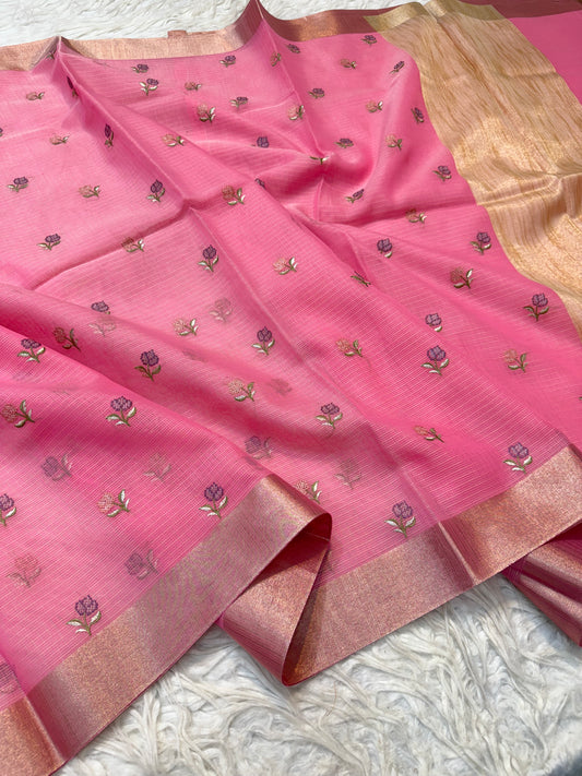 Pink shade cotton kota embroidery Banarasi saree