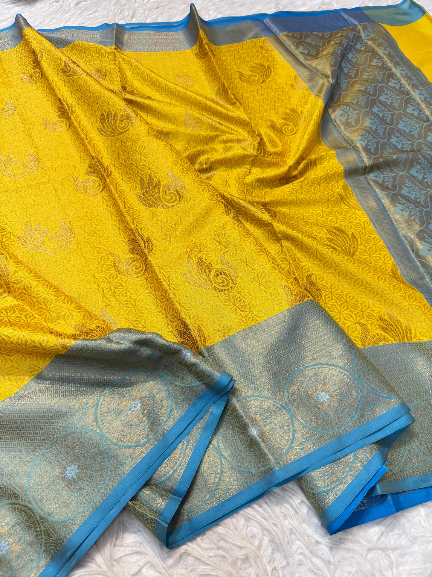 Yellow firozi shade premium soft silk Banarasi saree
