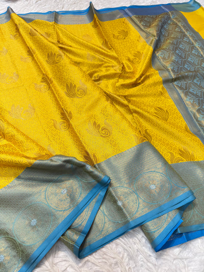 Yellow firozi shade premium soft silk Banarasi saree