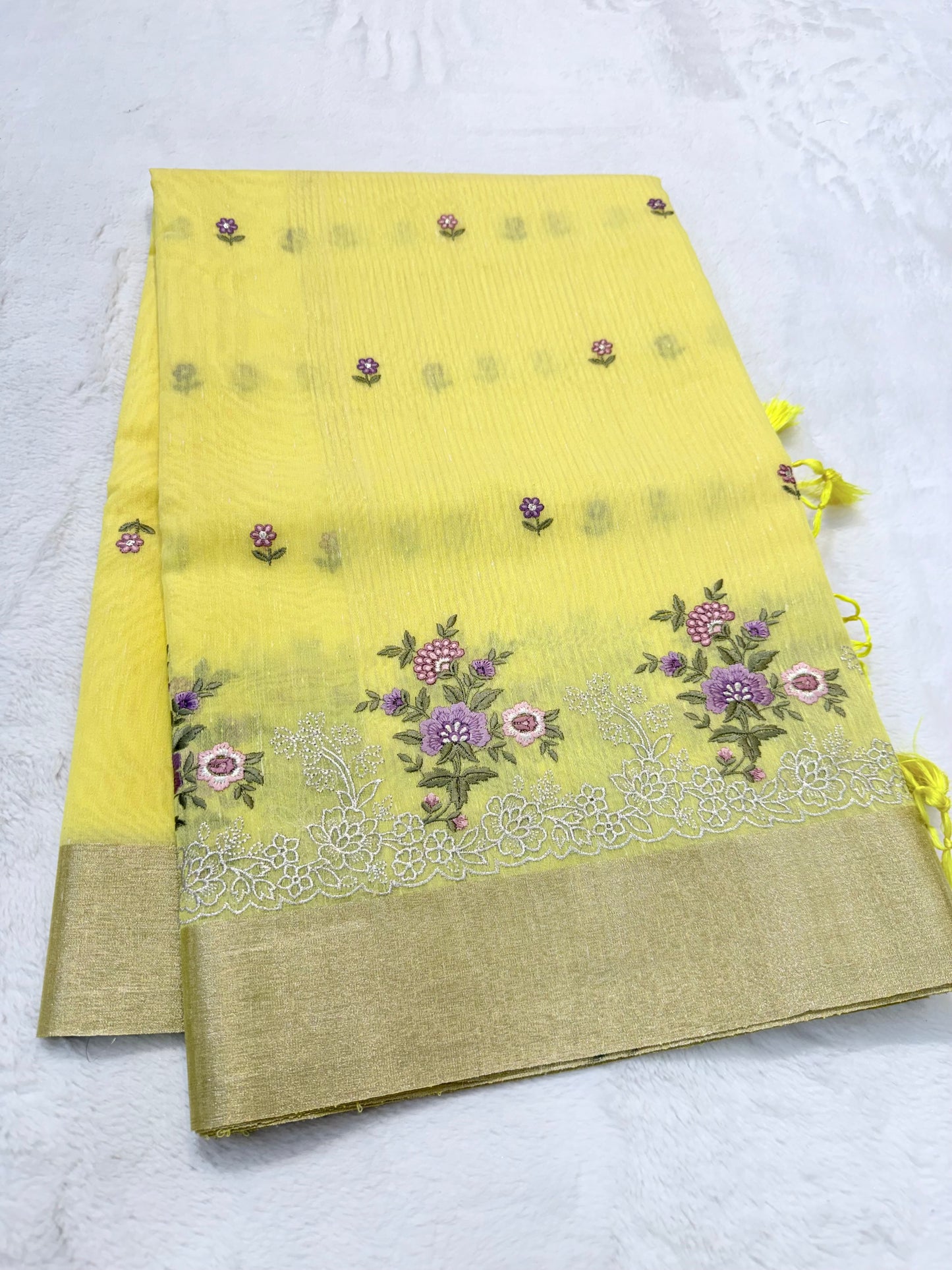 Yellow shade linen embroidery Banarasi saree