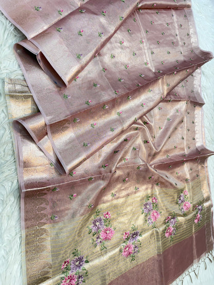 Peach shade tissue kota embroidery primum Banarasi saree