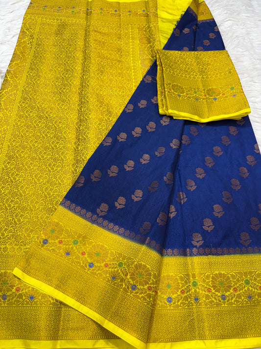 Nevy yellow shade  Dupion Silk premium Banarasi Saree