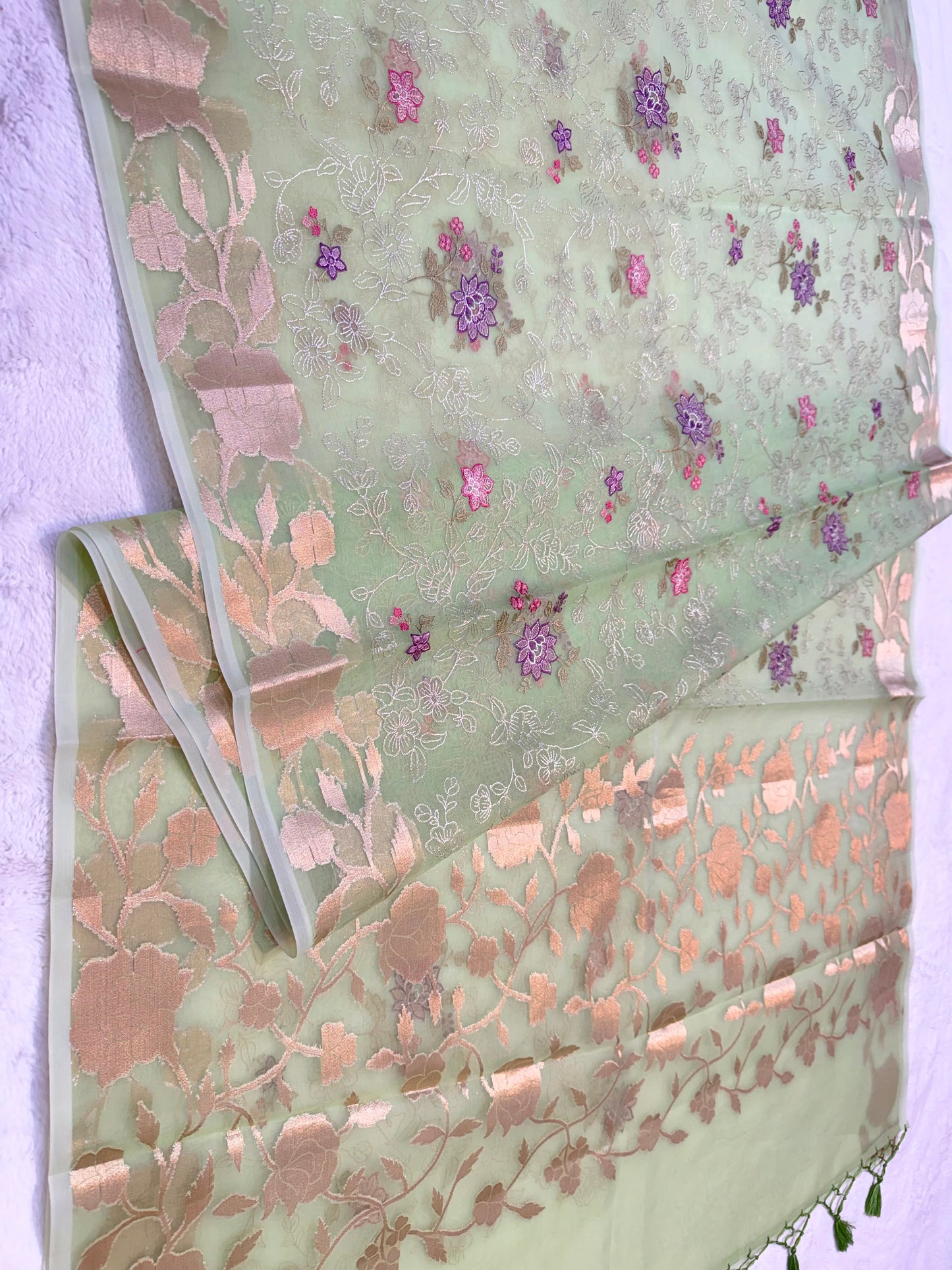 Pista green shade organza designer  embroidery premium Banarasi saree